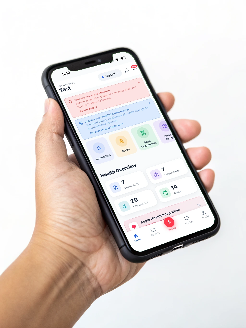 The MyMedicalRecords app home screen