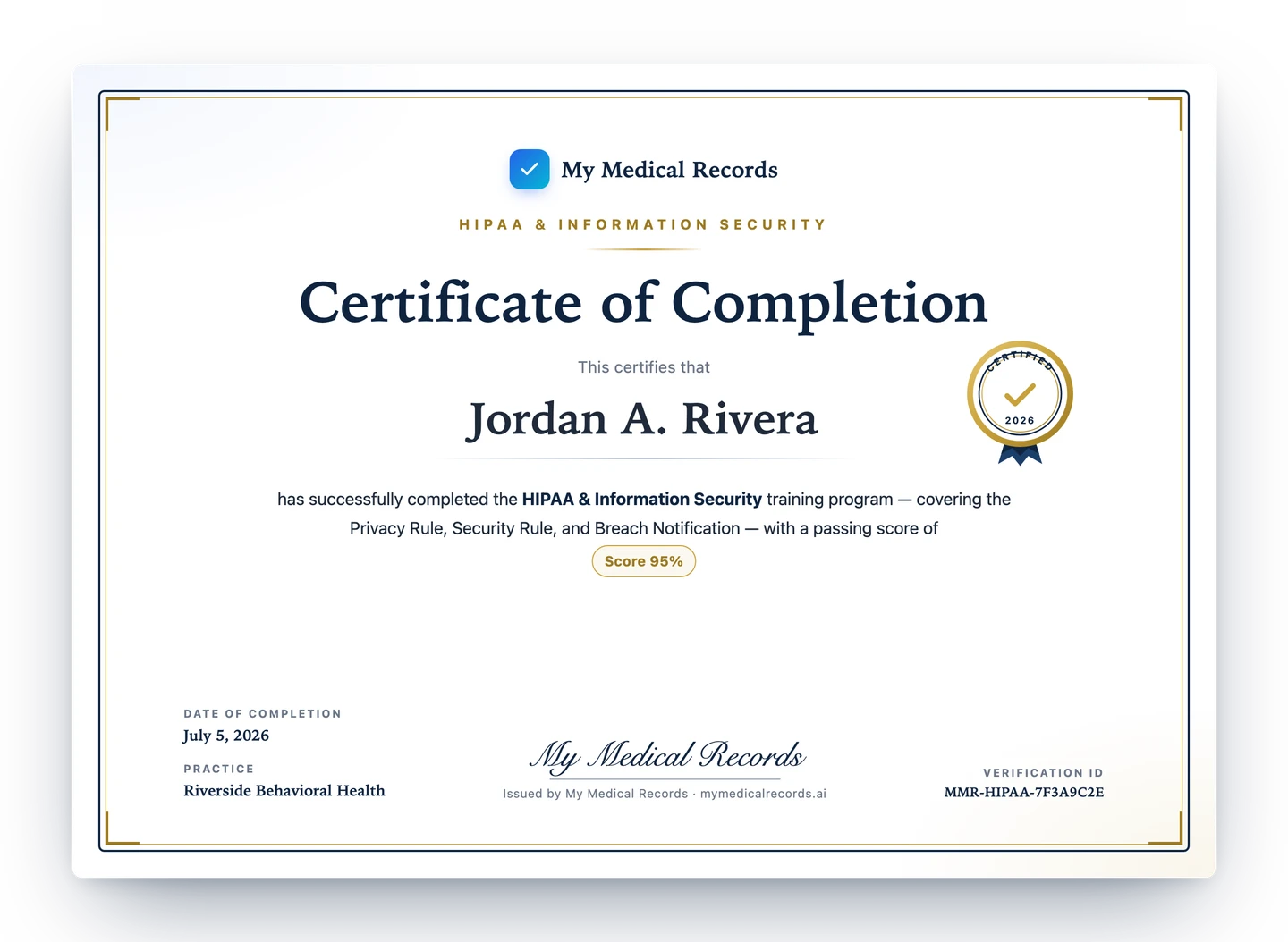 HIPAA & Information Security certificate of completion from My Medical Records, showing the employee's name, a passing score, completion date, practice name, and a verification ID.